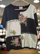 Vintage 1980's Jenny Green & Black Checker Tiger Print Short Sleeve Pull Over Cardigan Top