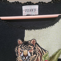 Vintage 1980's Jenny Green & Black Checker Tiger Print Short Sleeve Pull Over Cardigan Top