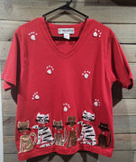Victoria Harbour Vintage Womens 90s Red Cat Shirt Size L Embroidered Beaded