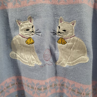 Vintage Jennifer Adams 80s Blue Sparkle Embroidered Cat Themed Holiday Sweater
