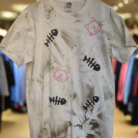 Vintage Custom Cat and Fishbones Sequin White Ladies Medium T-Shirt Cotton
