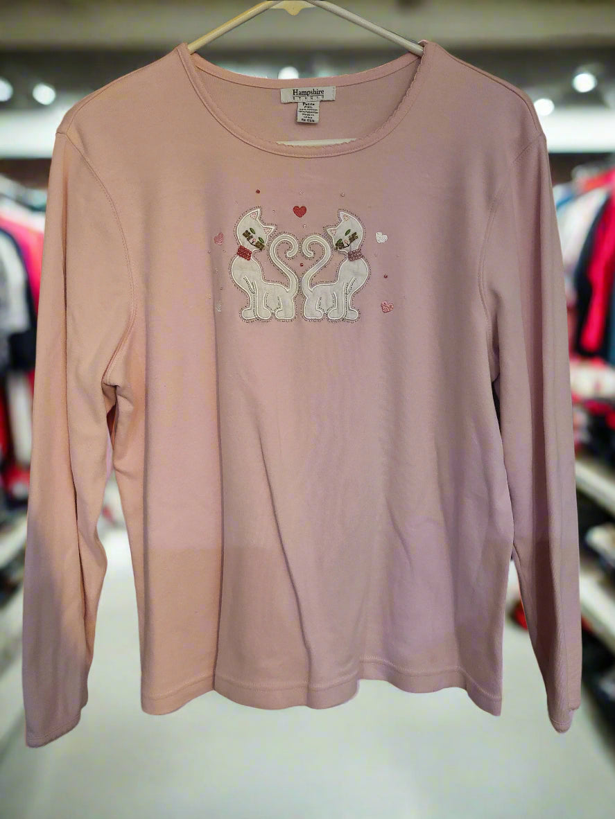 Vintage 1990's Hampshire Studio Pink Love Heart Cats Long Sleeve Petite XL Shirt