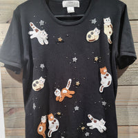 Lisa International Vintage Black Medium T-Shirt Cats and Stars Scoop Neck Short Sleeves
