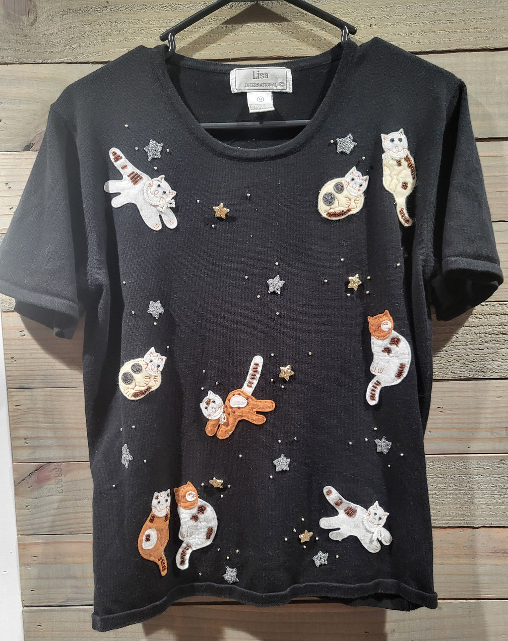 Lisa International Vintage Black Medium T-Shirt Cats and Stars Scoop Neck Short Sleeves