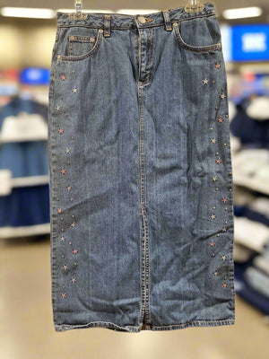 Vintage Ladies Old Navy Denim Long Patriotic Skirt Decorated With Stars Size 16