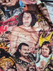 "Close-up of WWE scrub top print featuring Andre the Giant, Hulk Hogan, Jake the Snake Roberts, and other classic WWF wrestling legends"