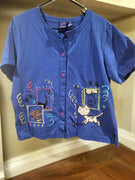 Vintage Onque Casuals Black Button Down Cats Decorative Medium Short Sleeve Top