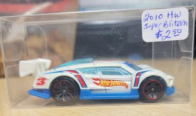 2010 Hot Wheels Super Blitzen HW Racing #107 White / Blue Die-Cast with Case