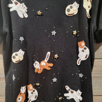 Lisa International Vintage Black Medium T-Shirt Cats and Stars Scoop Neck Short Sleeves