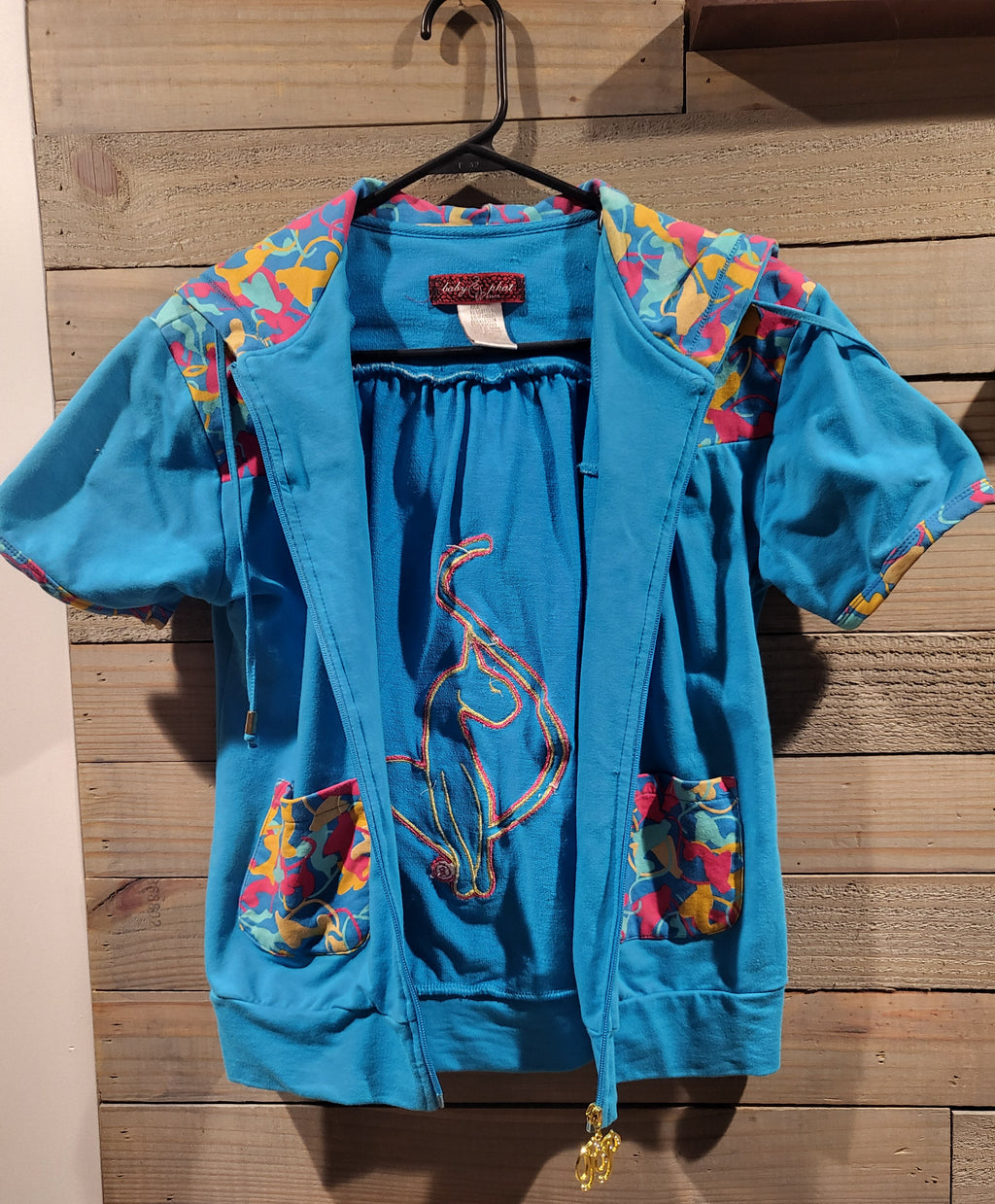 Vintage Baby Phat XL Flowery Blue Short Sleeves Hooded Jacket with POP Zipper