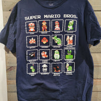 Super Mario Bros Blue Pixel Grid Characters Table Design XL Unisex Gamers T-Shirt