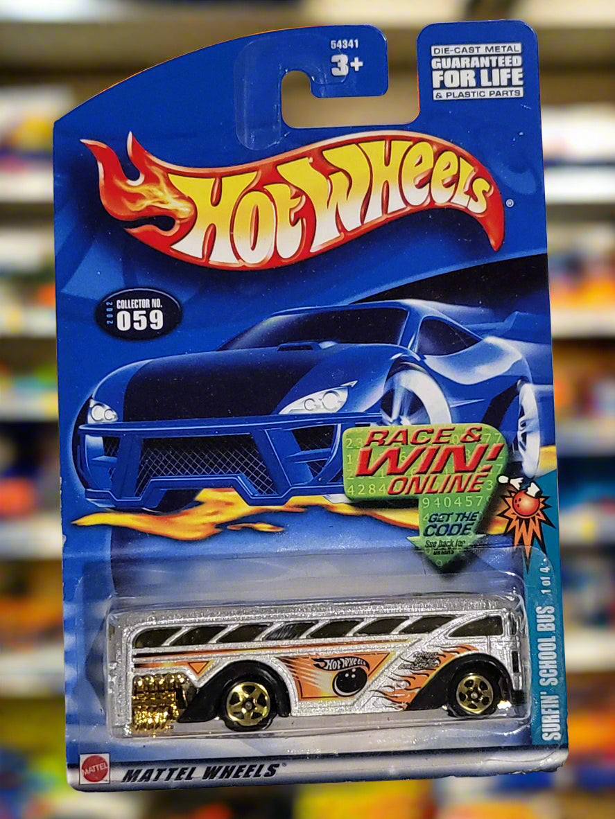 2001 Hot Wheels #59 Surfin' School Bus #1 of 4 Subset Silver With Gold Wheels