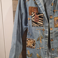 Earth Sea & Sky Vintage Medium Denim Leopard Blue Safari Patchwork Jacket