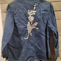 Vintage Morgan Cole Denim Zebra Print Cat Button-Down Small Long Sleeve Shirt