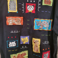 Vintage 80s Bechamel Patchwork Cat Lady XL Womens Black Cotton T-Shirt