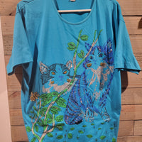 Kris Michele Vintage 90's Rhinestones Sequin Eyes Blue Cats Short Sleeve Shirt