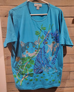 Kris Michele Vintage 90's Rhinestones Sequin Eyes Blue Cats Short Sleeve Shirt