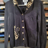 Mandal Bay Womens Petite Button Up Cardigan Sweater Black Leopard Cat Print Small