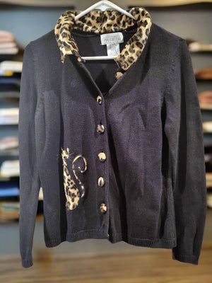 Mandal Bay Womens Petite Button Up Cardigan Sweater Black Leopard Cat Print Small