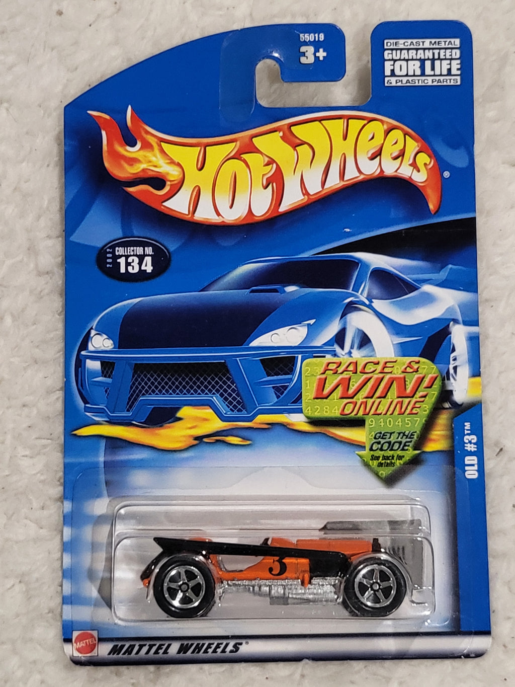 2002 Hot Wheels #134 Mainline Old #3 Orange and Black 5 Spoke Wheel Car NEW