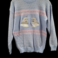 Vintage Jennifer Adams 80s Blue Sparkle Embroidered Cat Themed Holiday Sweater