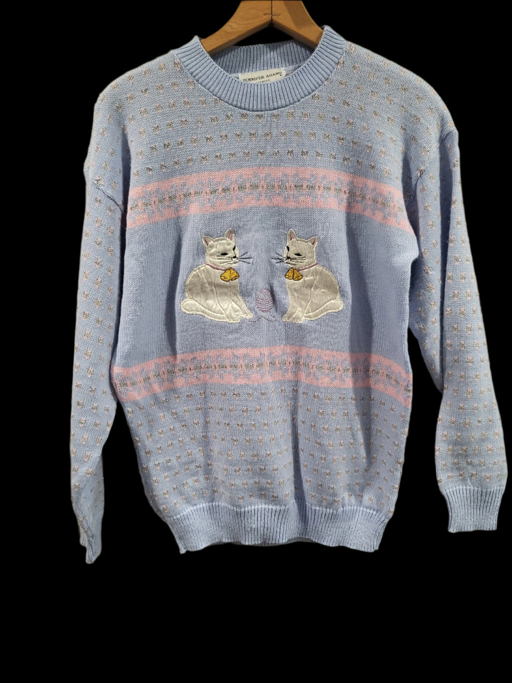 Vintage Jennifer Adams 80s Blue Sparkle Embroidered Cat Themed Holiday Sweater