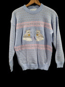 Vintage Jennifer Adams 80s Blue Sparkle Embroidered Cat Themed Holiday Sweater