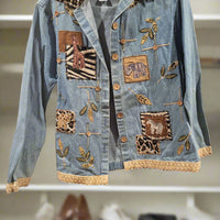 Earth Sea & Sky Vintage Medium Denim Leopard Blue Safari Patchwork Jacket