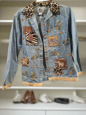 Earth Sea & Sky Vintage Medium Denim Leopard Blue Safari Patchwork Jacket