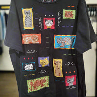 Vintage 80s Bechamel Patchwork Cat Lady XL Womens Black Cotton T-Shirt