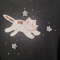 Lisa International Vintage Black Medium T-Shirt Cats and Stars Scoop Neck Short Sleeves