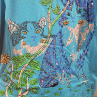 Kris Michele Vintage 90's Rhinestones Sequin Eyes Blue Cats Short Sleeve Shirt