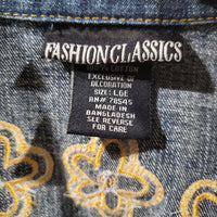 Vintage Fashion Classics Denim Embroidered Yellow Sun Flowers Large Zipper Jacket