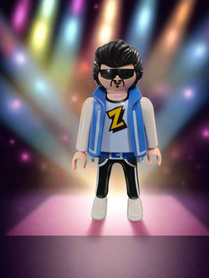 1992 Geobra Man Rock Star Z on Shirt Blue Vest Elvis Style Hair Vintage Playmobil Toy