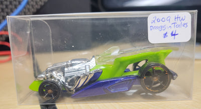 2009 Hot Wheels Draggin' Tales Insect Green/Blue Race Car With Case