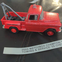 2003 Matchbox Champion Towing & Service Red '55 Chevy Truck - REPAINT 1:43 Scale